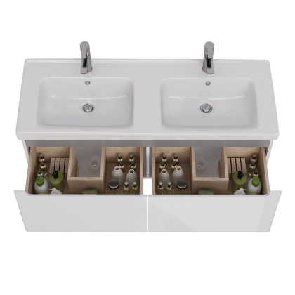 Тумба Lemark BUNO MINI 125см под 2 раковины, подвесная, 2 ящика, цвет корпуса, фасада: Белый глянец