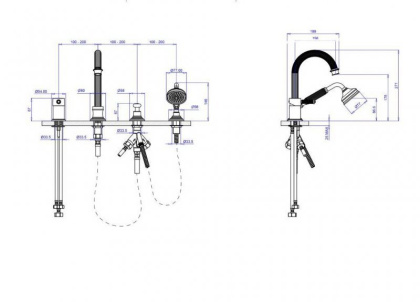 APHRODITE-BVDM-03/24-Bi Смеситель на борт ванны однорычажный с выдвижным душем и переключателем, исполнение золото 24 карат, ручки белые