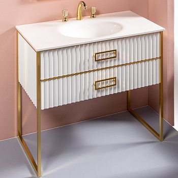 Тумба MONACO 100см h84см белая глянец + золото под раковину моноблок 866-100-WG Boheme