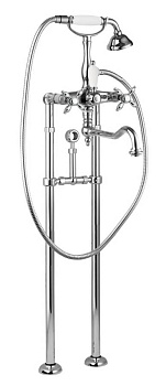 NOSTALGIA-VDPS2-01-Bi Напольный смеситель для ванны с поворотным изливом,ручным душем и кронштейном для слива-перелива Исполнение: Хром, Ручки: Белый  NOSTALGIA-VDPS2-01-Bi Напольный смеситель для ванны с поворотным изливом,ручным душем и кронштейном для слива-перелива Исполнение: Хром, Ручки: Белый