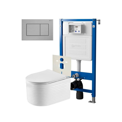 Сет: Система инсталляции Point Элемент для подвесного унитаза PN45120 + Клавиша смыва для инсталляции Point Ника, нержавеющая сталь, сталь брашированная, PN44081SB + Унитаз подвесной Point Омега безободковый, белый, сиденье дюропласт, микролифт быстросъем