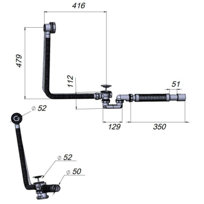 W90A-1000-OFL слив-перелив длиной 1000 мм для ванны, комплект W90A-1000-OFL слив-перелив длиной 1000 мм для ванны, комплект