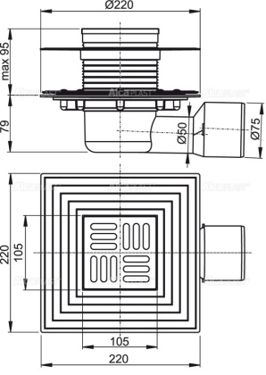 Сливной трап 105×105/50/75 мм боковой сток, решетка из нержавеющей стали, фланец из нержавеющей стали, воротник изоляции 2–го уровня, гидрозатвор сухой и мокрый