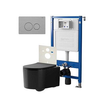 Сет: Система инсталляции Point Элемент для подвесного унитаза PN45120 + Клавиша смыва для инсталляции Point Виктория, нержавеющая сталь, сталь брашированная, PN44061SB + Унитаз подвесной Point Веста безободковый, чёрн мат, PN41701BM