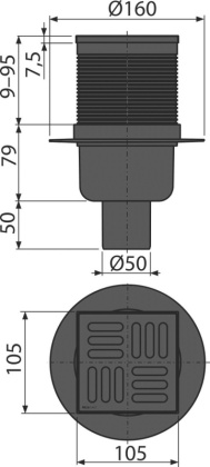Сливной трап 105×105/50 мм прямой сток, решетка из нержавеющей стали, гидрозатвор комбинированный SMART - черный