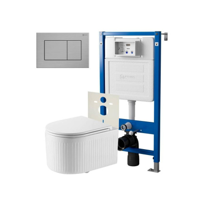 Сет: Система инсталляции Point Элемент для подвесного унитаза PN45120 + Клавиша смыва для инсталляции Point Ника, нержавеющая сталь, сталь брашированная, PN44081SB + Унитаз подвесной Point Деметра безободковый, белый, сиденье дюропласт, микролифт быстросъ