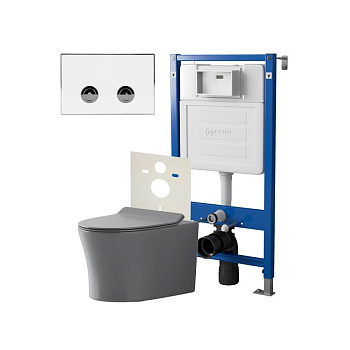 Сет: Система инсталляции пневматическая Point Элемент П для подвесного унитаза PN45121 + Клавиша смыва для пневматической инсталляции Point Венера, белый/хром, PN44071WC + Унитаз подвесной Point Вега безободковый, сер мат, PN41711GM