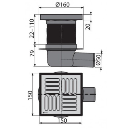 Сливной трап 150×150/50 мм боковой сток, решетка из нержавеющей стали, гидрозатвор мокрый Сливной трап 150×150/50 мм боковой сток, решетка из нержавеющей стали, гидрозатвор мокрый