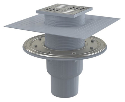 Сливной трап 105×105/50/75 мм прямой сток, решетка из нержавеющей стали, фланец из нержавеющей стали, воротник изоляции 2–го уровня, гидрозатвор комбинированный SMART