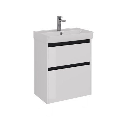 Тумба Lemark COMBI 60см под 1 раковину, подвесная/напольная, 2 ящика, цвет планки: Чёрный, цвет корпуса, фасада: Белый глянец