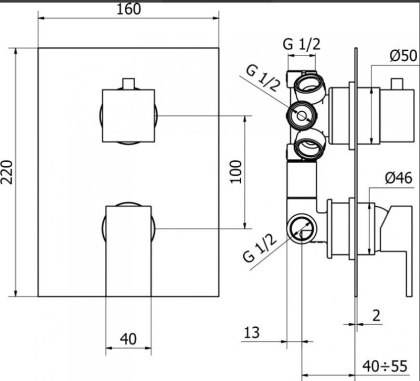 CZR-VDIM5-01-Cr Встраиваемый однорычажный смеситель для душа с 5-и позиционным переключателем, исполнение хром