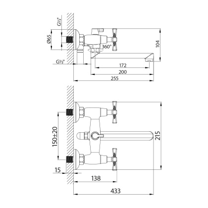 Смеситель для ванны с плоским изливом 20 см, двуручковый, поворотный переключатель, латунь/хром Смеситель для ванны с плоским изливом 20 см, двуручковый, поворотный переключатель, латунь/хром