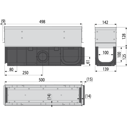 Щелевой дренажный канал с асимметричной сервисной надставкой 100 мм, оцинкованная сталь