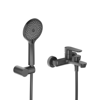 STYLUS-VD-NOP Смеситель для ванны и душа однорычажный в комплекте с ручным душем, шлангом и держателем, чёрный матовый