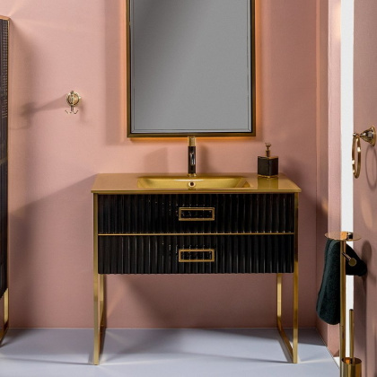 Тумба MONACO 100см h84см черная глянец + золото под раковину моноблок 866-100-BG Boheme