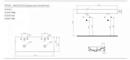 TOUCH Керамическая раковина c двумя чашами TC07011 белый глянцевый, 121x46x12,5