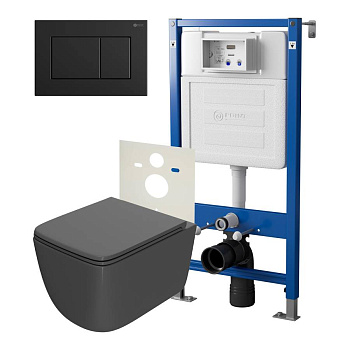 Сет: Система инсталляции Point Элемент для подвесного унитаза PN45120 + Клавиша смыва для инсталляции Point Ника, черная матовая, PN44081BM + Унитаз подвесной Point Меркурий безободковый, сид.дюропласт микролифт быстросъем, графит, PN41831GM